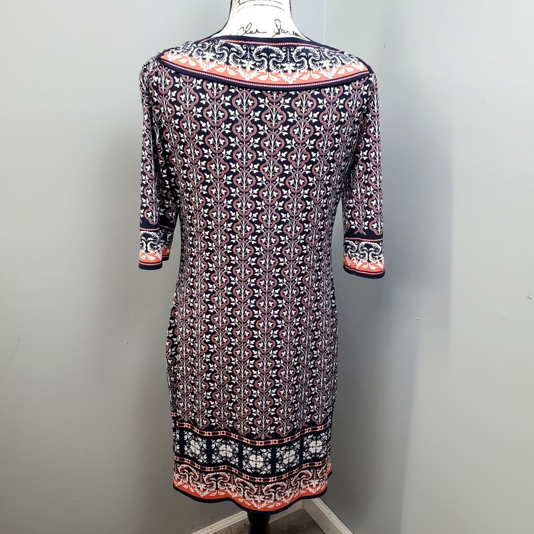 Vintage Max Studio Shift Dress Women Large Multi Geometric 3/4 Sleeve Boat Neck Pullover Size L / US 10 / IT 46 - 2 Thumbnail