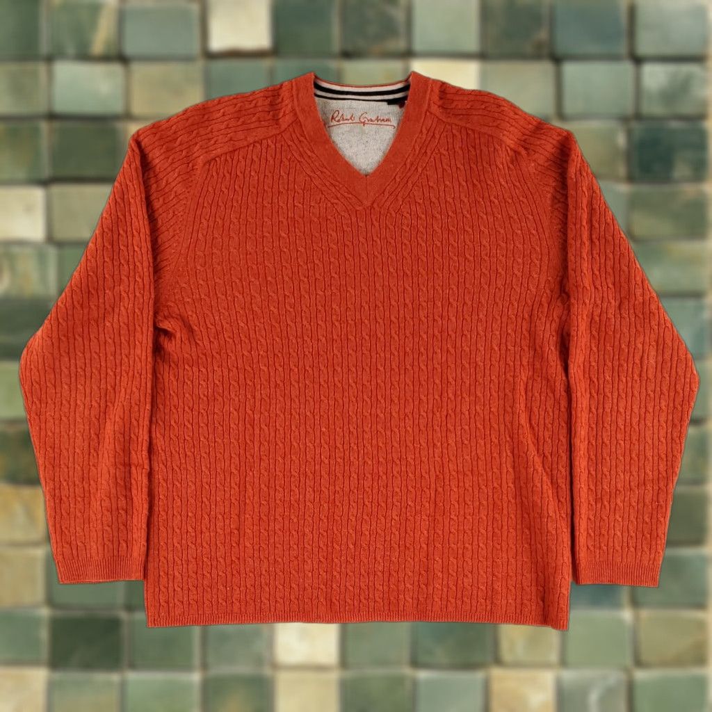 Robert Graham Robert Graham Sweater Mens L Orange Cashmere Cable Knit V Neck Size US L / EU 52-54 / 3 - 1 Thumbnail