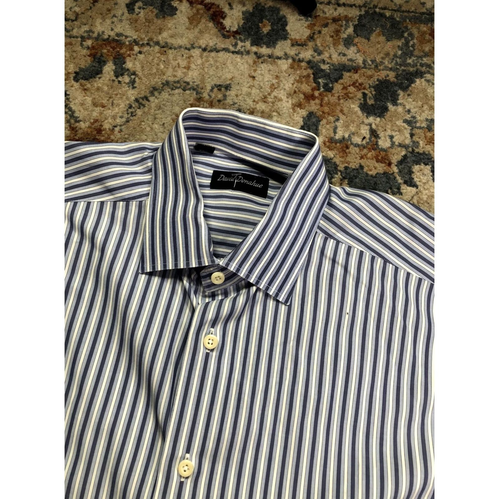 David Donahue David Donahue Dress Shirt Mens 16.5 32/33 Blue Stripe Long Sleeve Regular Fit Size 46R - 6 Thumbnail