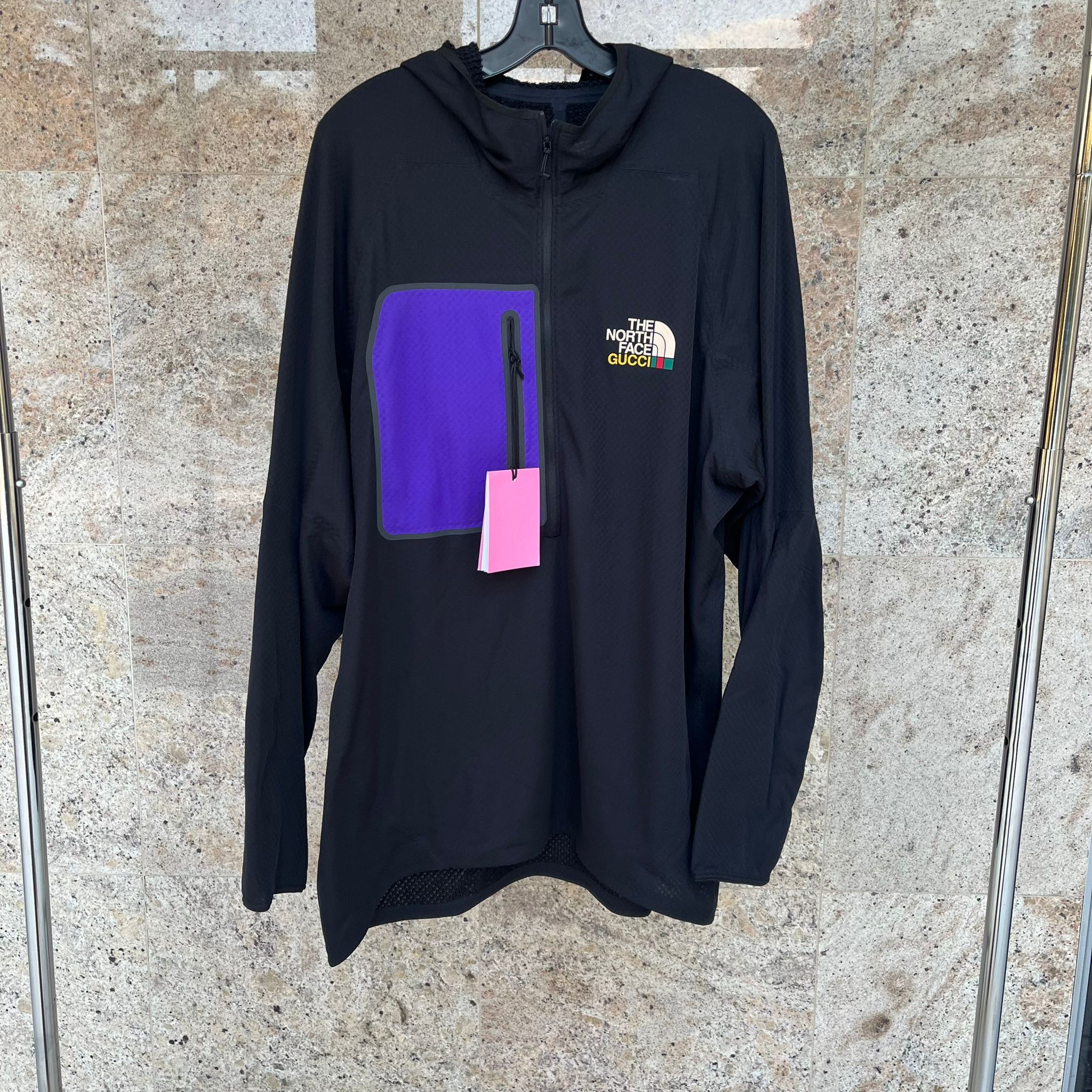 image of Gucci x The North Face Packable Techno Jersey Fleece In Black / Peak Purple in Black/Peak Purple (S