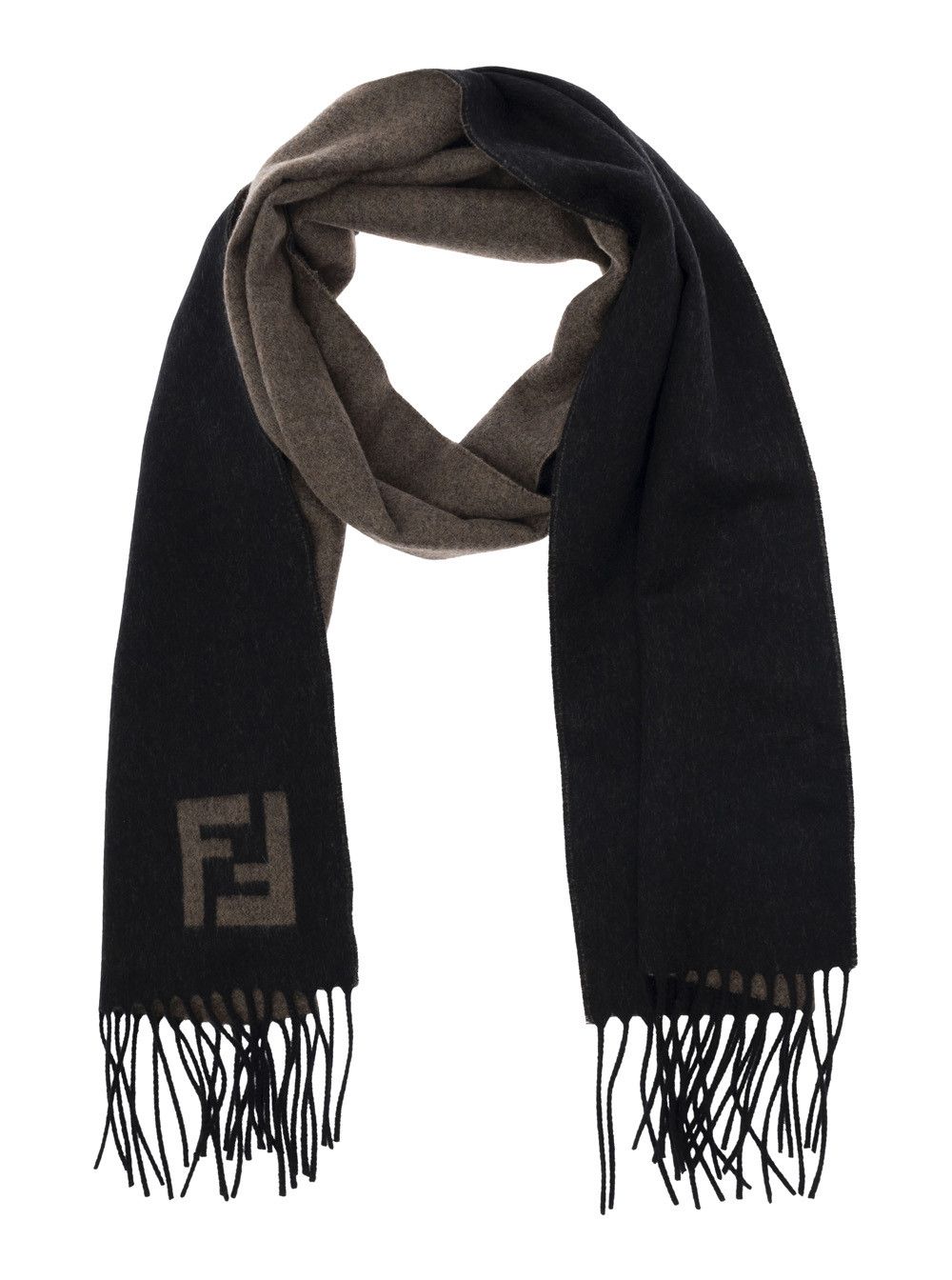 Fendi Fringed Edge Scarf with FF Embroidery on Front in Black Wool and Cashmere for Men Size ONE SIZE - 1 Thumbnail