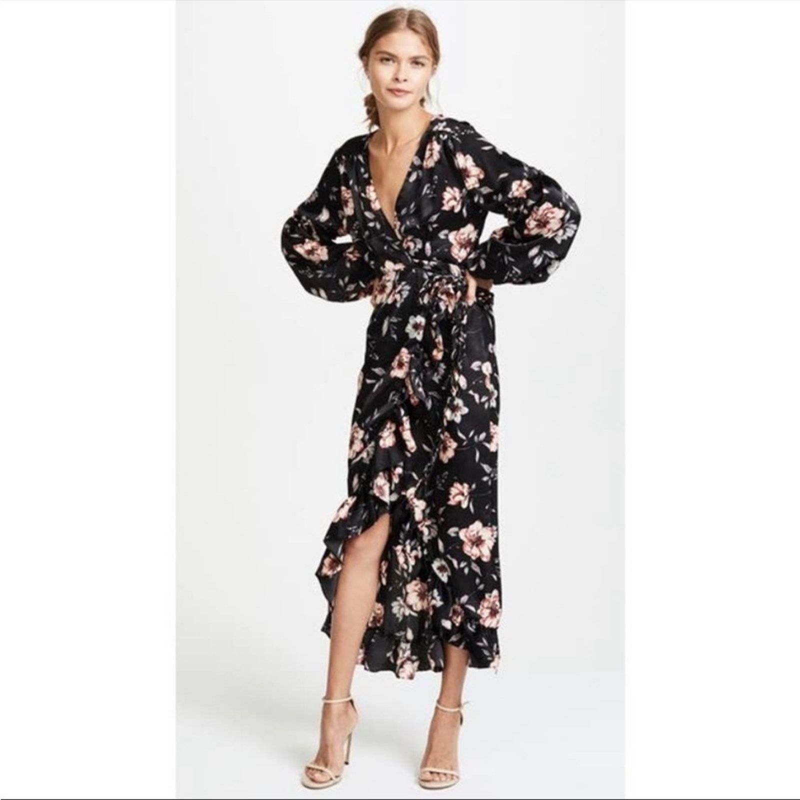MISA Los Angeles MISA LA Luna Black Floral Satin Bubble Sleeve Wrap Dress Size S / US 4 / IT 40 - 1 Thumbnail