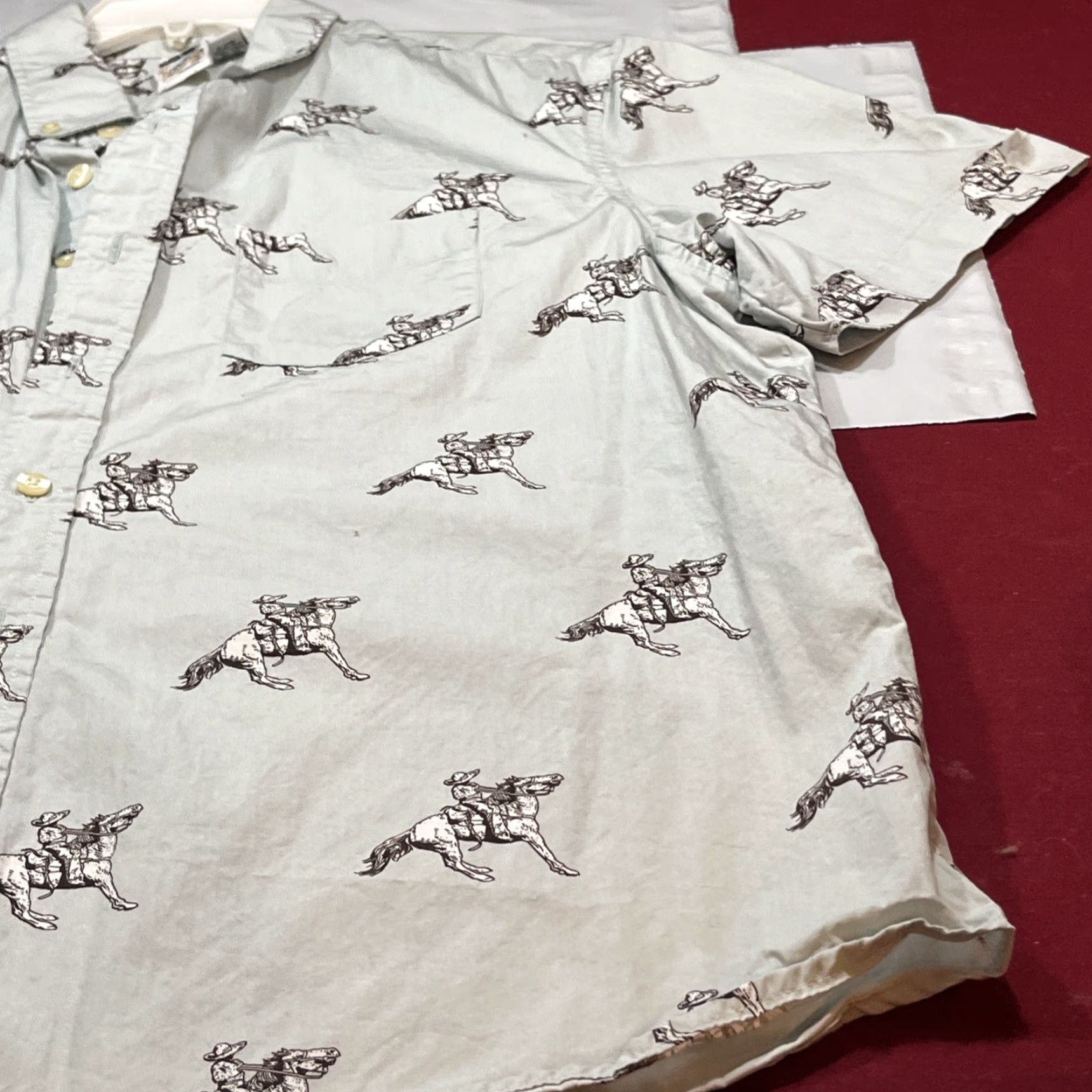 Vintage Kennington Shirt Men’s 2XL Short Sleeve Button-Up Western COWBOY HORSE Cotton 2X Very Light Green Retro 90s Beach Outdoor Pockets Mens Size US XXL / EU 58 / 5 - 5 Thumbnail