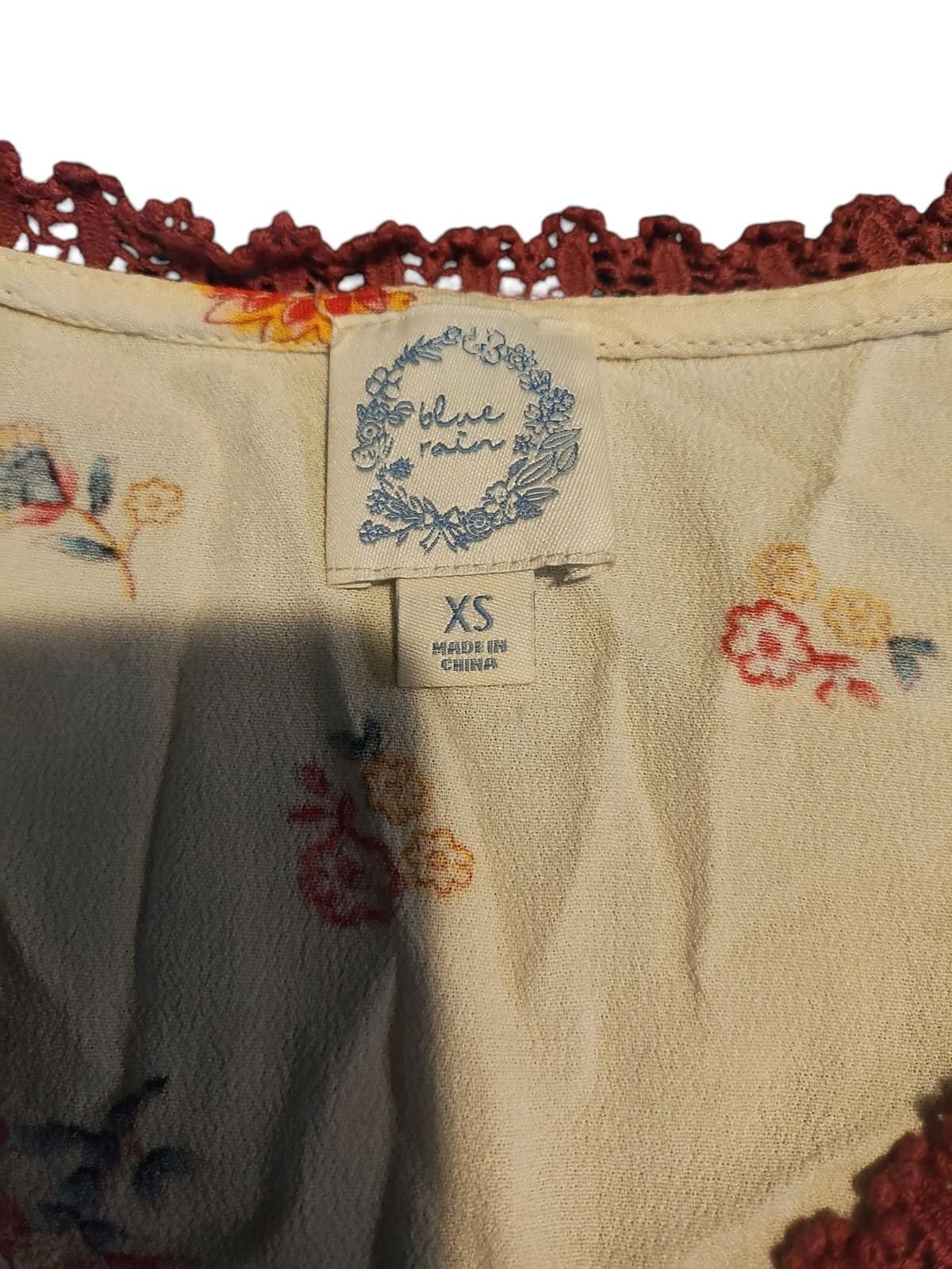 Designer Blue Rain Women's Floral Print Blouse with Lace Trim Size XS Size XS / US 0-2 / IT 36-38 - 7 Thumbnail