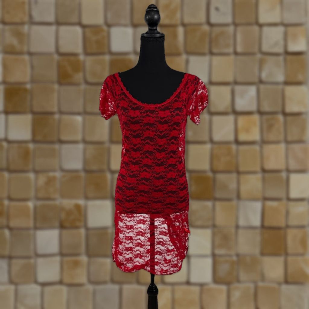 Vintage VINTAGE Just Sexy Shirt Chemise Red Lace Set Size M Adult Womens Nightie Thong Lace Sheer Nightwear Size ONE SIZE - 1 Thumbnail