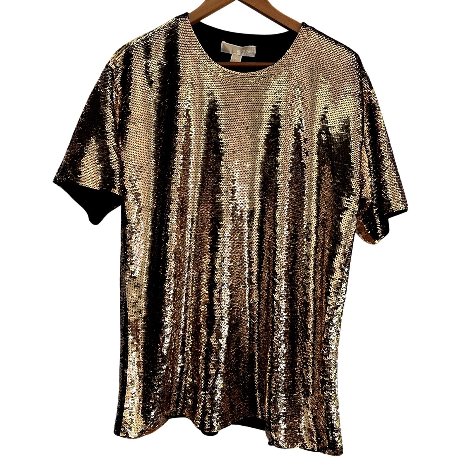 Michael Kors Women's Medium Gold Sequin Short Sleeve Top