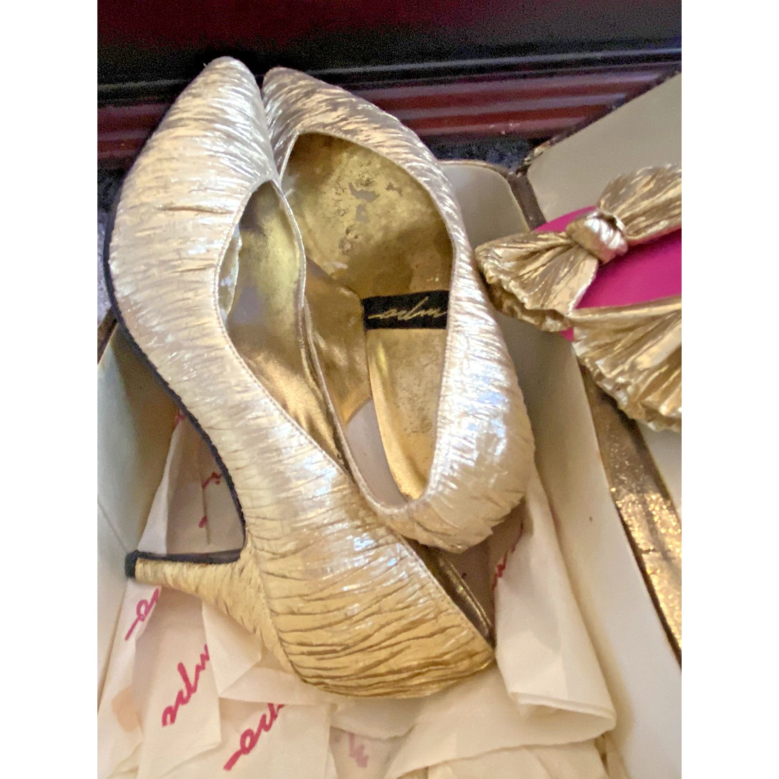 Imperious Vintage Impo Gold Heels sz 5.5 with matching box and bows Size US 5.5 / IT 35.5 - 9 Thumbnail