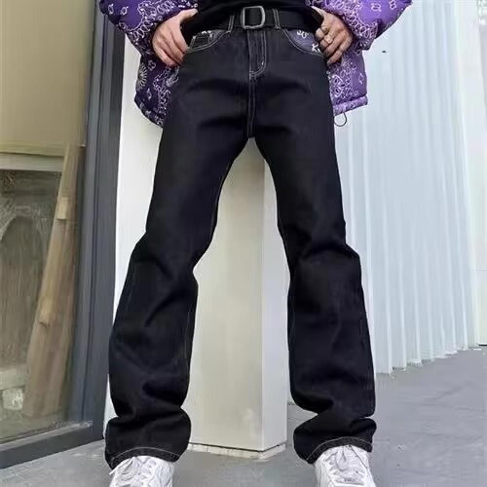 Vintage Black Straight Leg Denim Jeans with Purple Bandana Detail Size US 32 / EU 48 - 4 Thumbnail