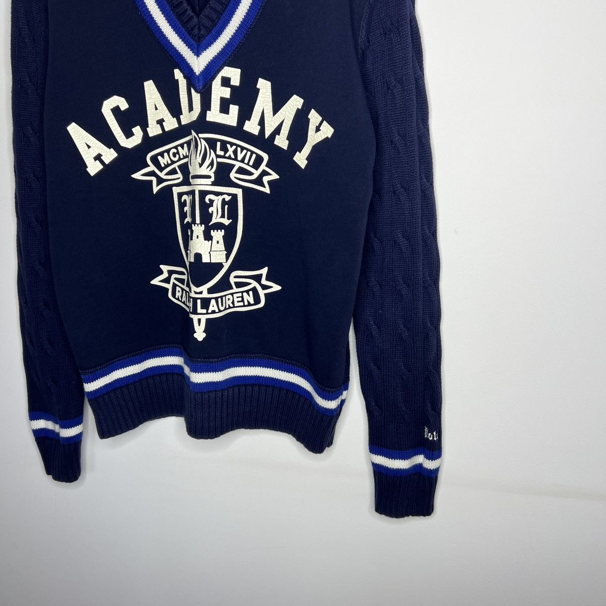 Polo Ralph Lauren × Vintage Polo Ralph Lauren Academy Mens Cable Knit Navy Sweater Size US S / EU 44-46 / 1 - 2 Thumbnail