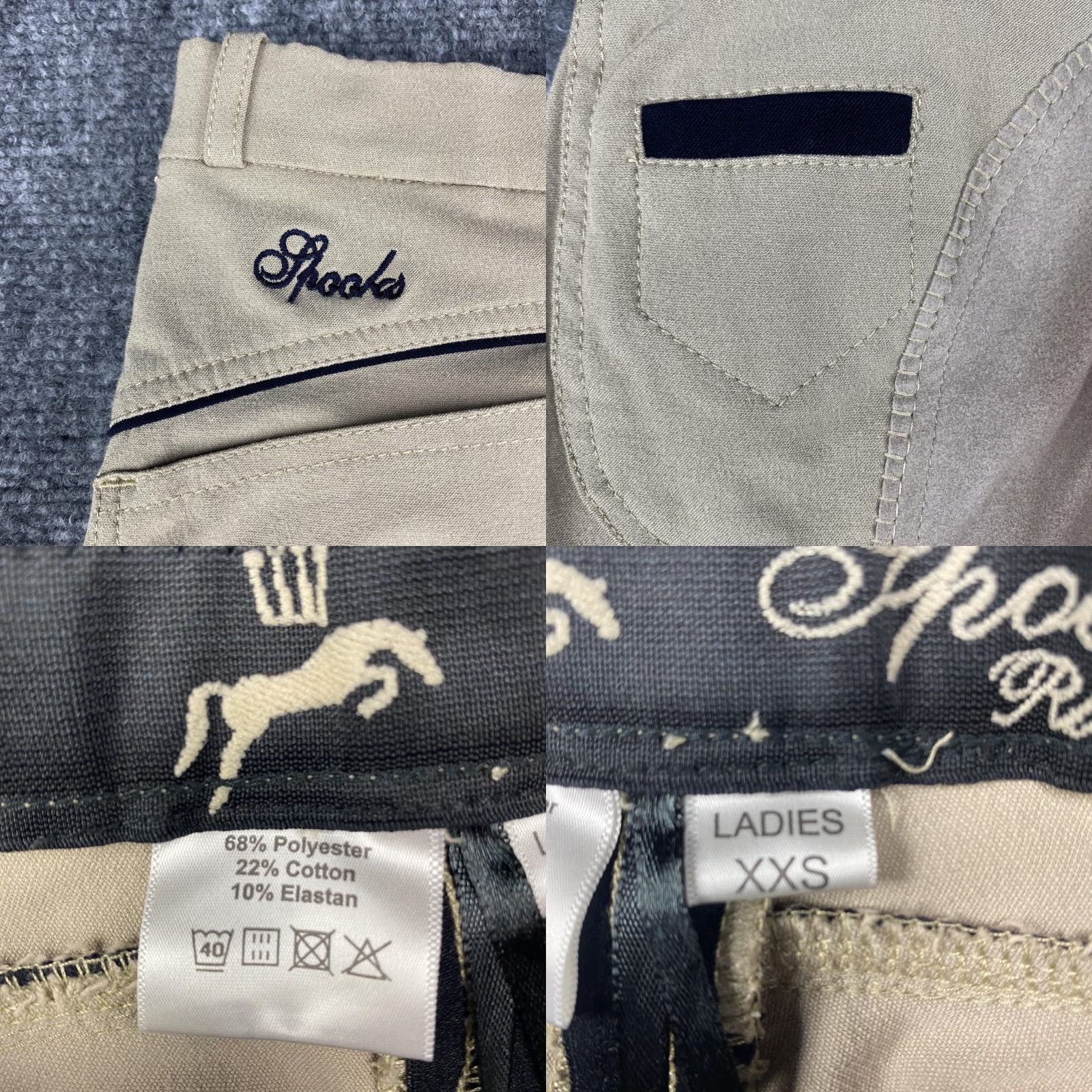 Logo 7 Spooks Riding Pants Womens XXS Tan Equestrian Breeches Zip Elastic Cuffs Crown Logo Pockets Stretch Riding Size 24" / US 00 / IT 34 - 8 Thumbnail