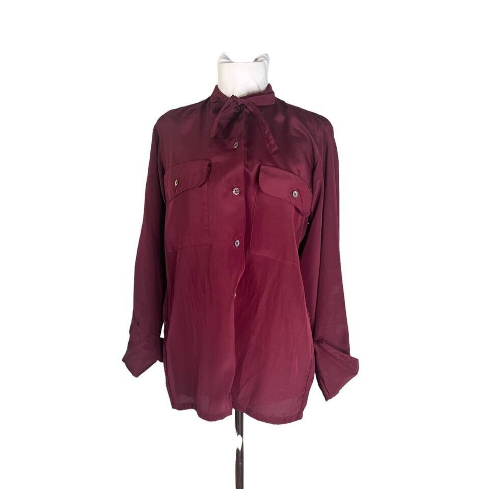Vintage Vintage 80s Anne Pinkerton Burgundy Tie Neck Blouse M Size M / US 6-8 / IT 42-44 - 2 Thumbnail