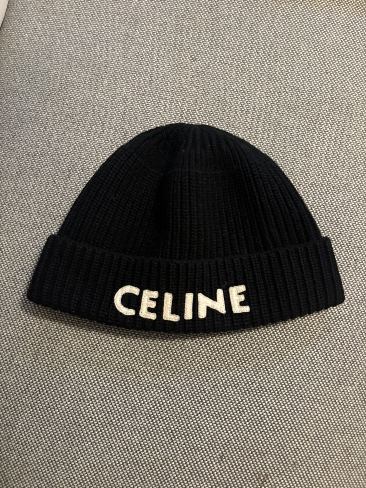 image of Black Celine Stitch Logo Beanie, Men's