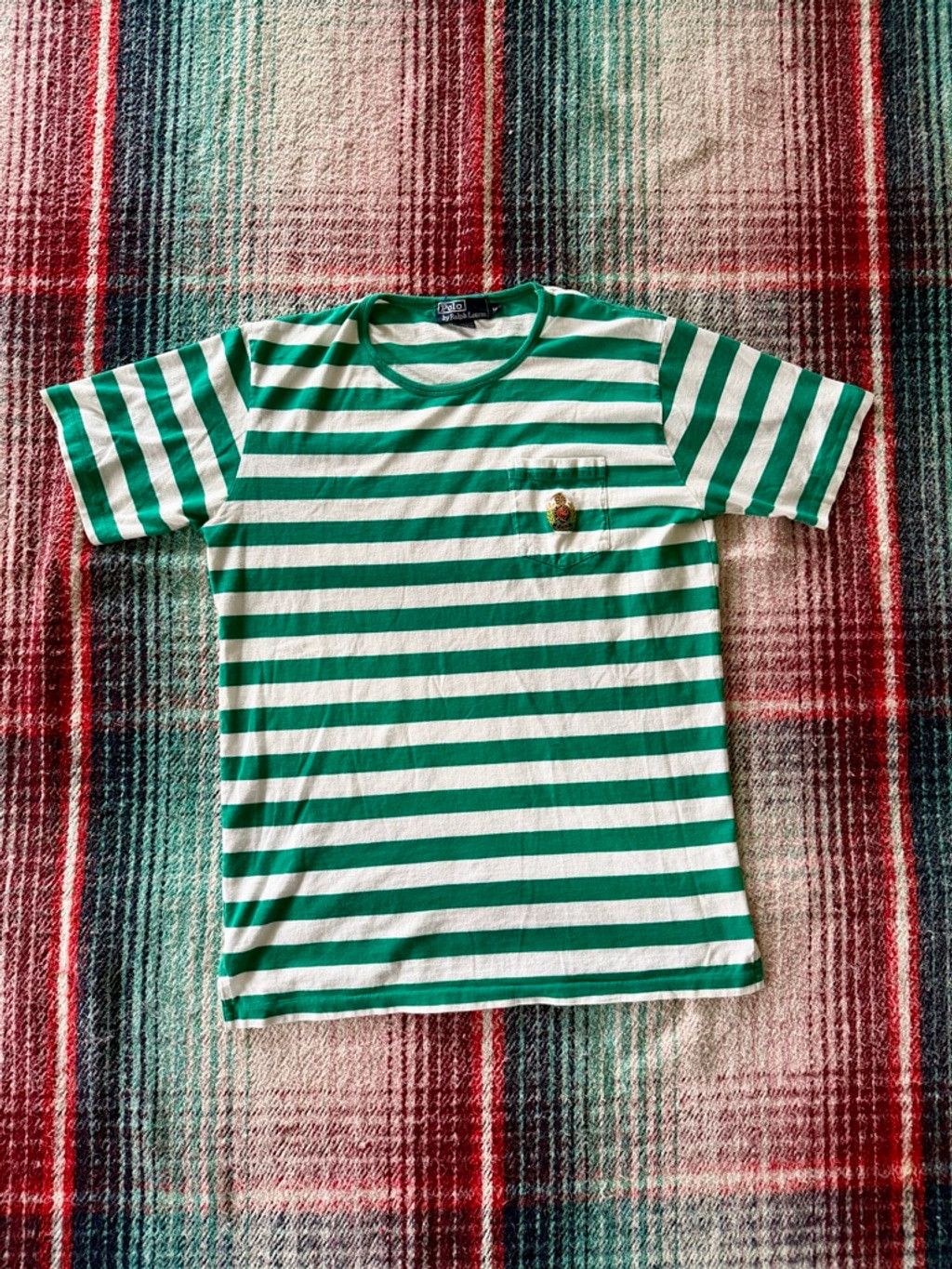 Polo Ralph Lauren 90s Polo Ralph Lauren Kelly Green Stripe Pocket Tee Size US M / EU 48-50 / 2 - 2 Thumbnail