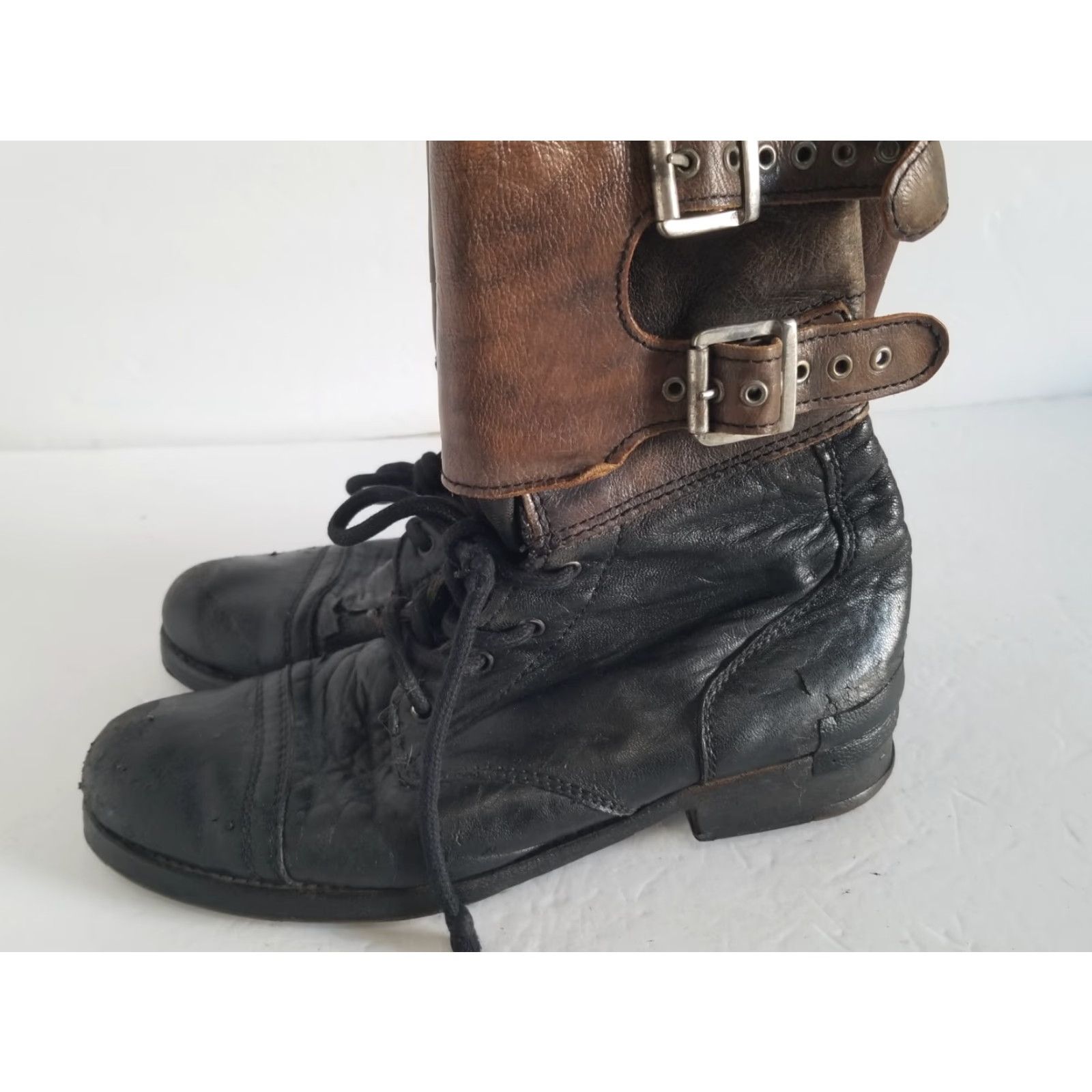 Allsaints VINTAGE AllSaints Combat Boots Womens 38 US 7.5 Black Brown Leather Distressed Leather Lined Buckle Adjustable Strap Cap Toe Ankle Bootes? Size US 8 / IT 38 - 5 Thumbnail