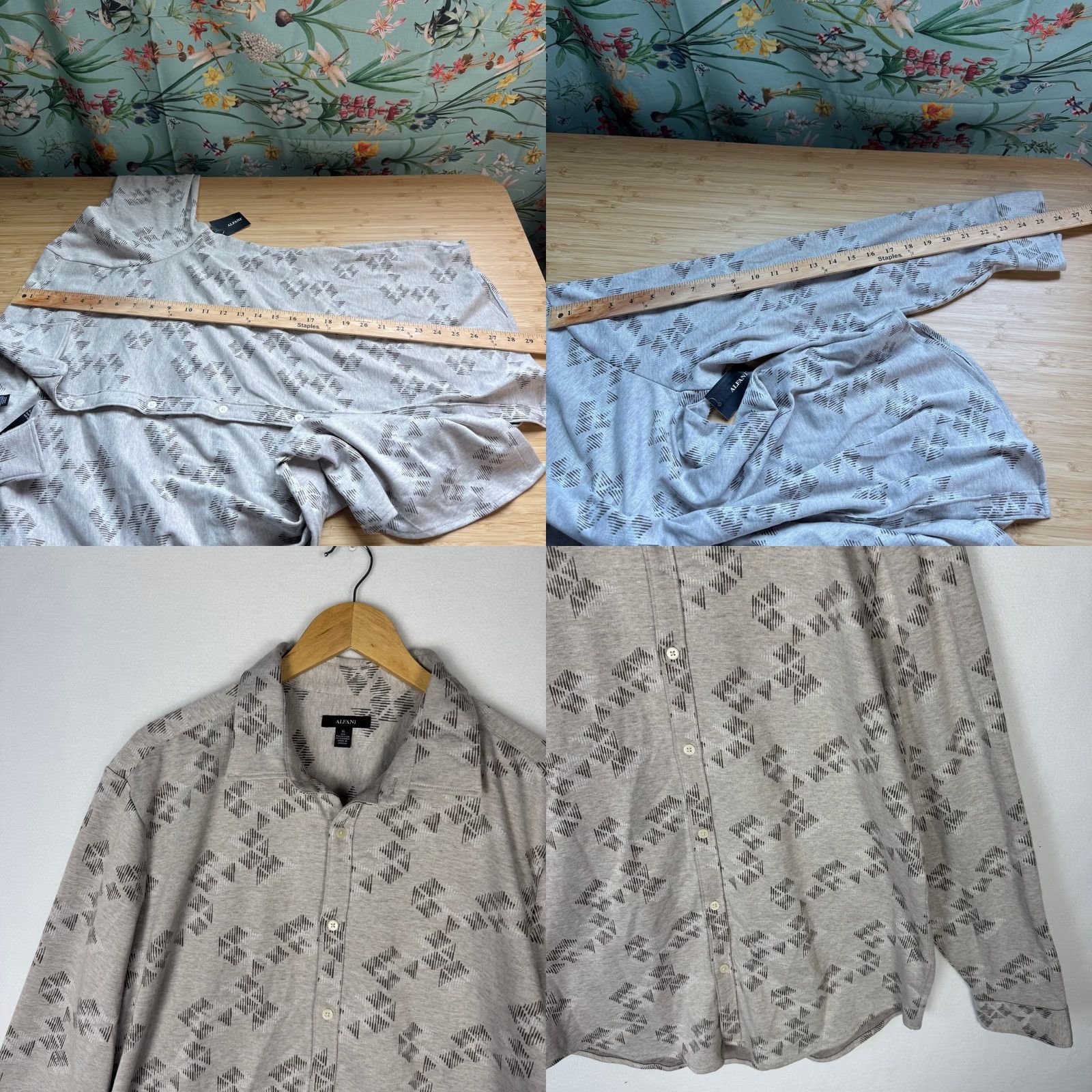 Alfani Alfani Mens XL Silver Cloud Jacquard Knit Button Down Long Sleeve Shirt Size US XL / EU 56 / 4 - 8 Thumbnail