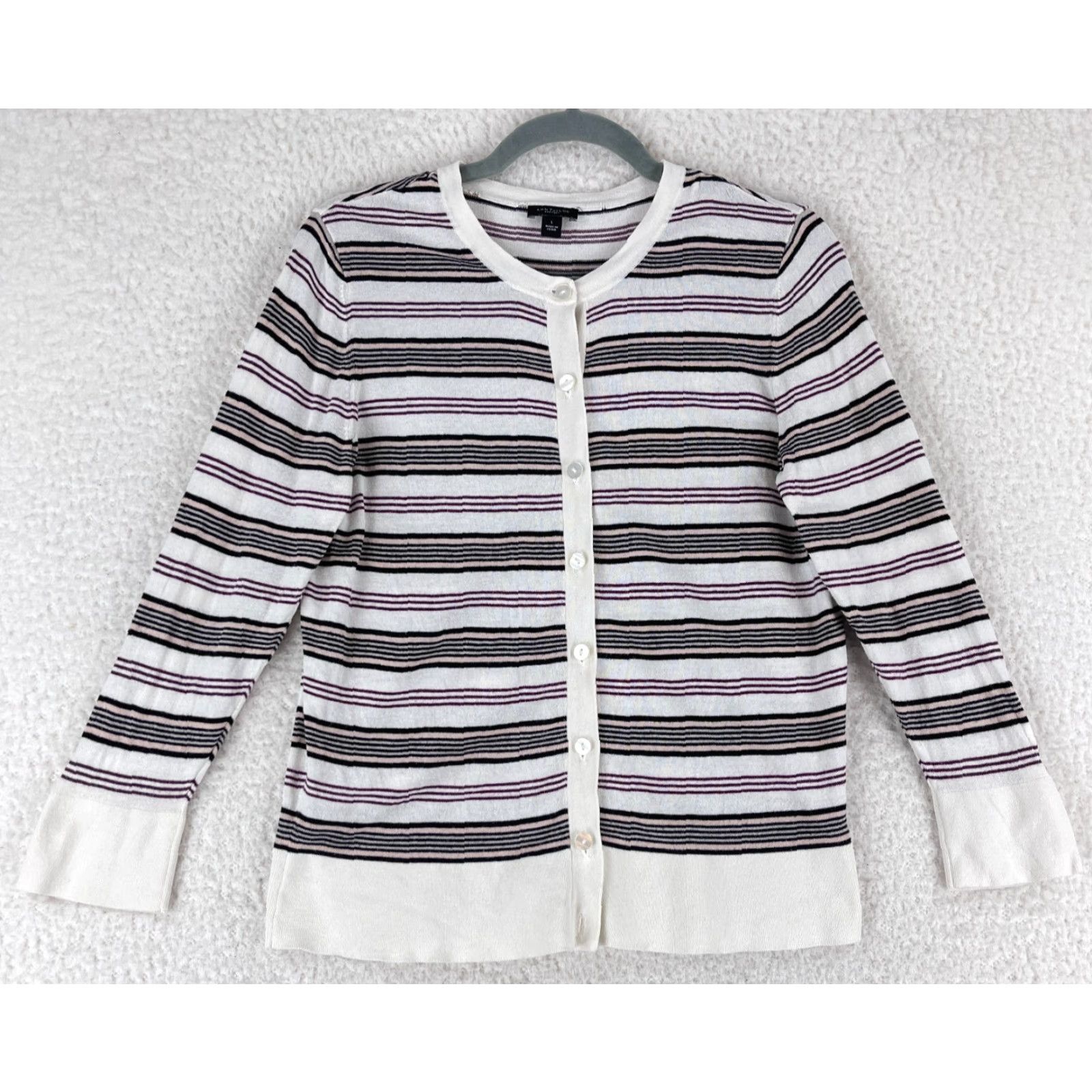Ann Taylor Ann Taylor Cardigan Shirt Womens Large White Striped Knit Crew Neck Long Sleeve Size L / US 10 / IT 46 - 2 Thumbnail