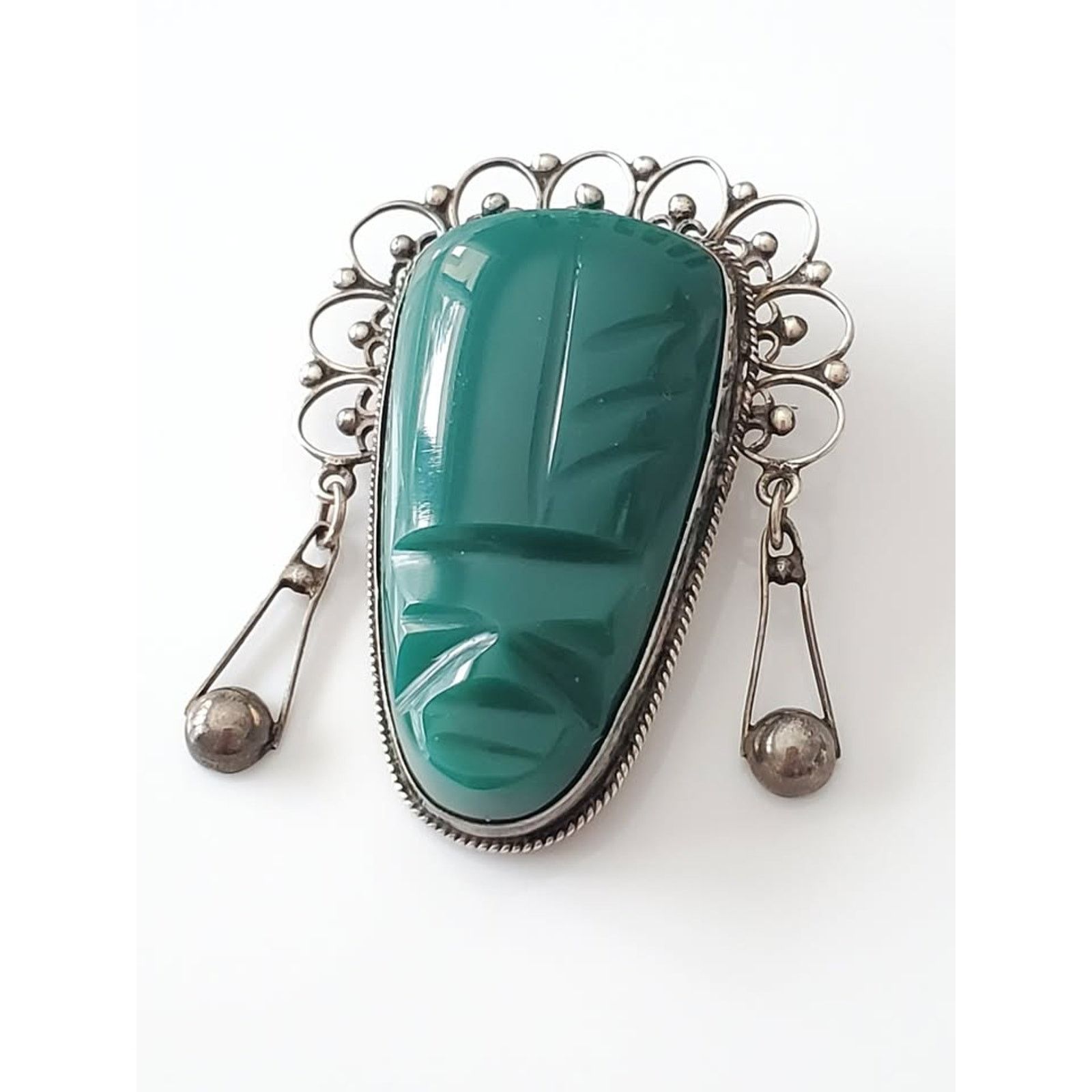 Other Vintage Sterling Silver Chrysoprase Mayan Warrior Brooch Size ONE SIZE - 2 Thumbnail