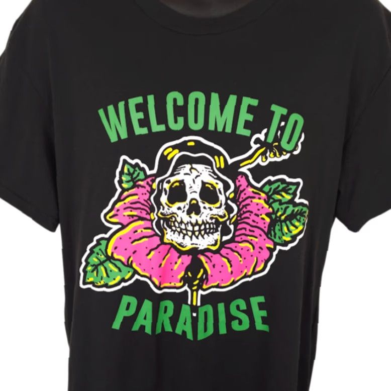Paradise Welcome To Paradise T Shirt Mens Size Large Black Skull Flower Skeleton Tee Size US L / EU 52-54 / 3 - 2 Thumbnail