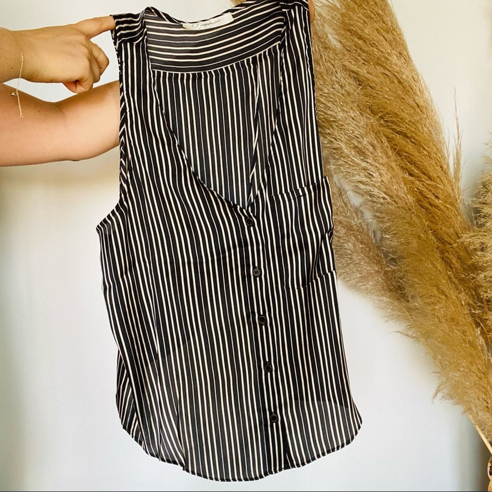 Nordstrom Black White Striped Tulip Open Back Tank Top Silky Blouse Size M / US 6-8 / IT 42-44 - 4 Thumbnail