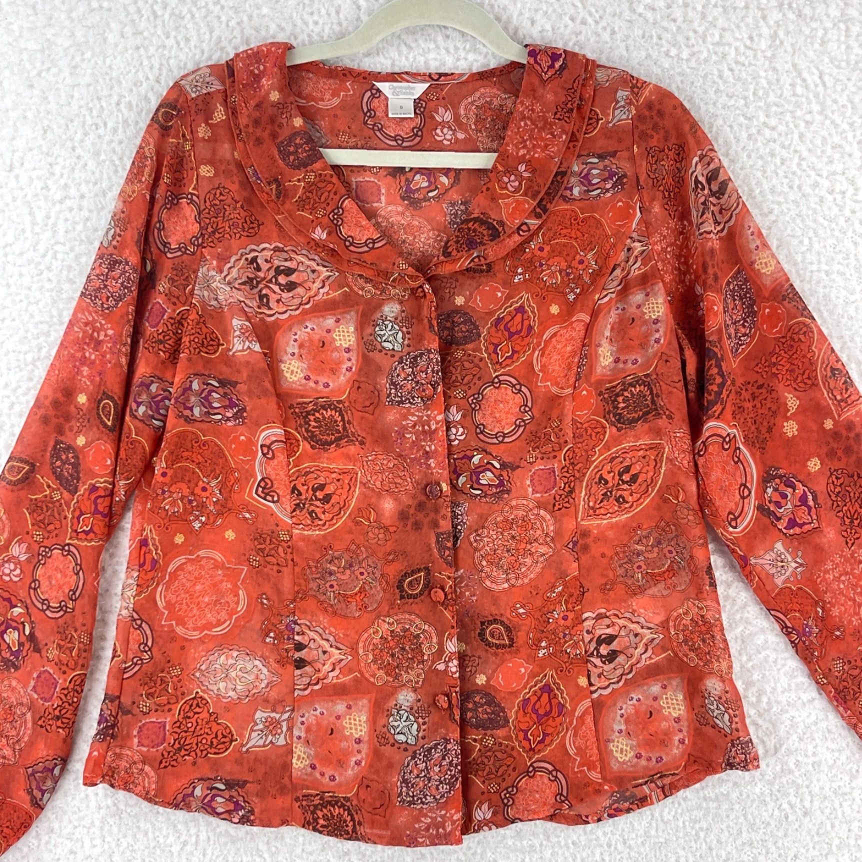 Vintage Christopher & Banks Shirt Womens Small Orange Paisley Sheer Chiffon Button-Front Size S / US 4 / IT 40 - 2 Thumbnail