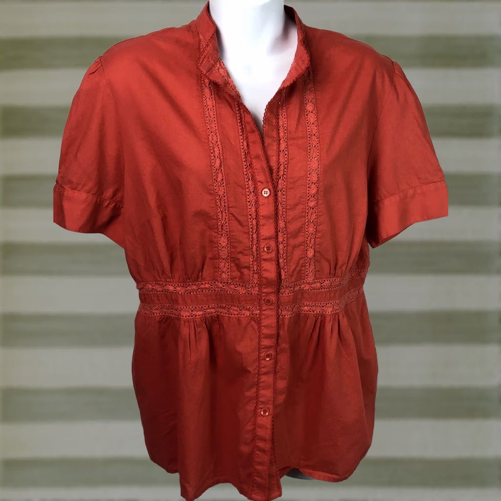 Jones New York Jones NY Top L Orange Short Sleeve Button Up Bobbin Lace Boho Cottage Peasant Size L / US 10 / IT 46 - 1 Thumbnail