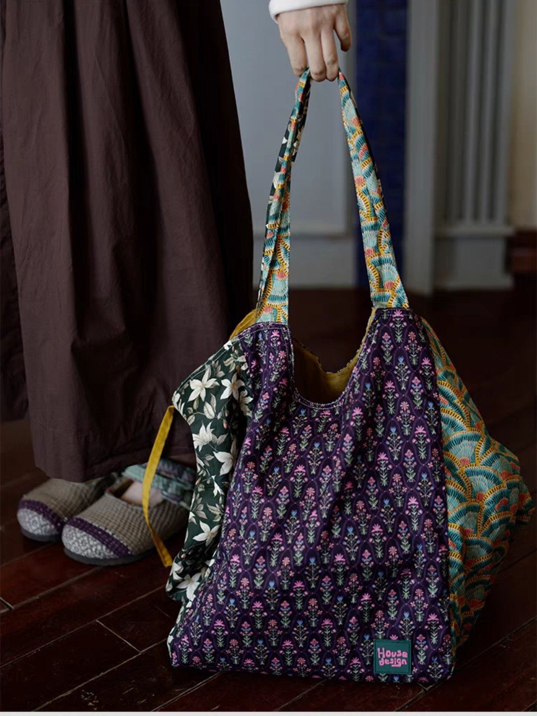 Vintage Unisex utility patchwork pattern tote yuppie bag Size ONE SIZE - 5 Thumbnail