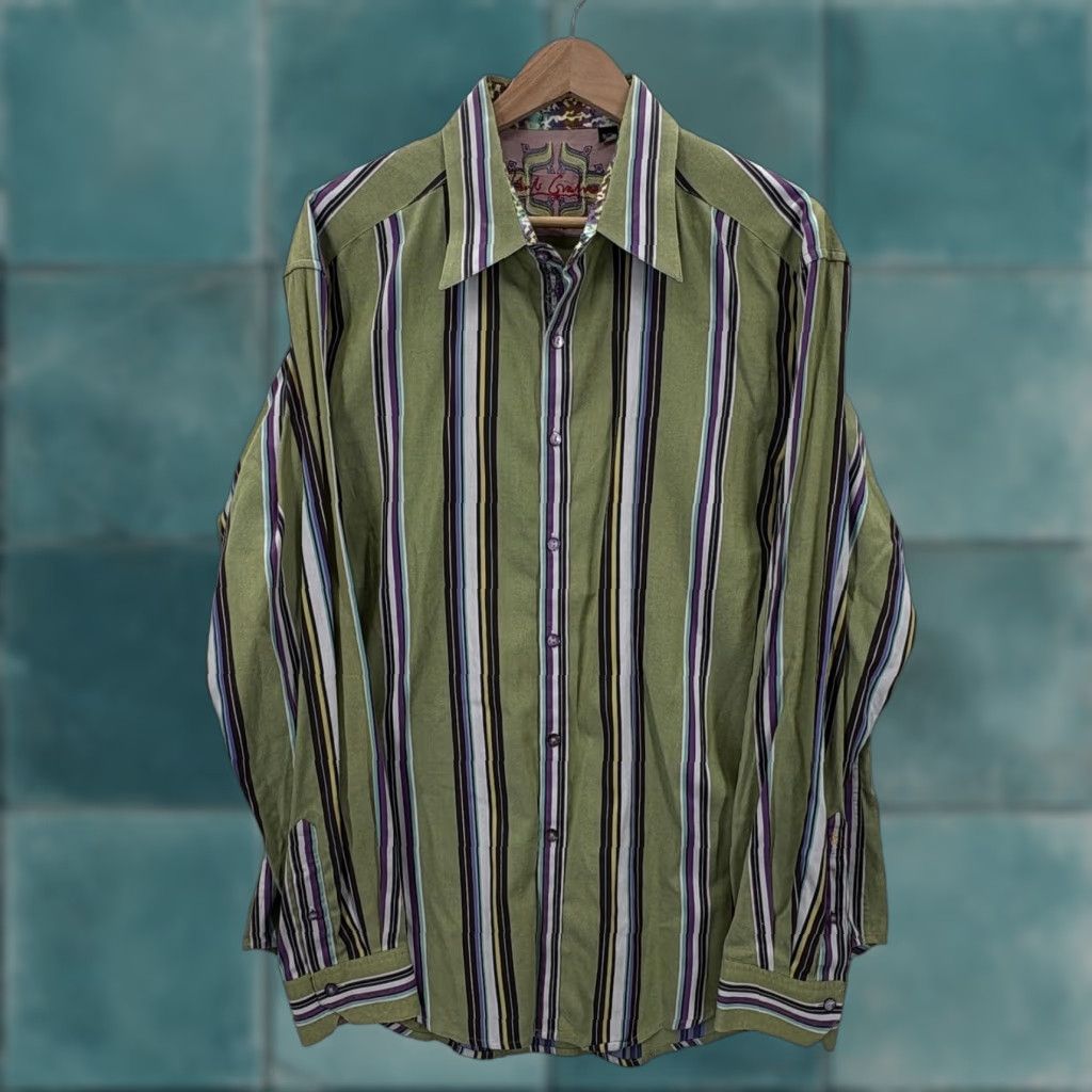 Robert Graham Robert Graham Shirt Mens XL Green Stripe Long Sleeve Button-Up Contrast Cuff Size US XL / EU 56 / 4 - 1 Thumbnail