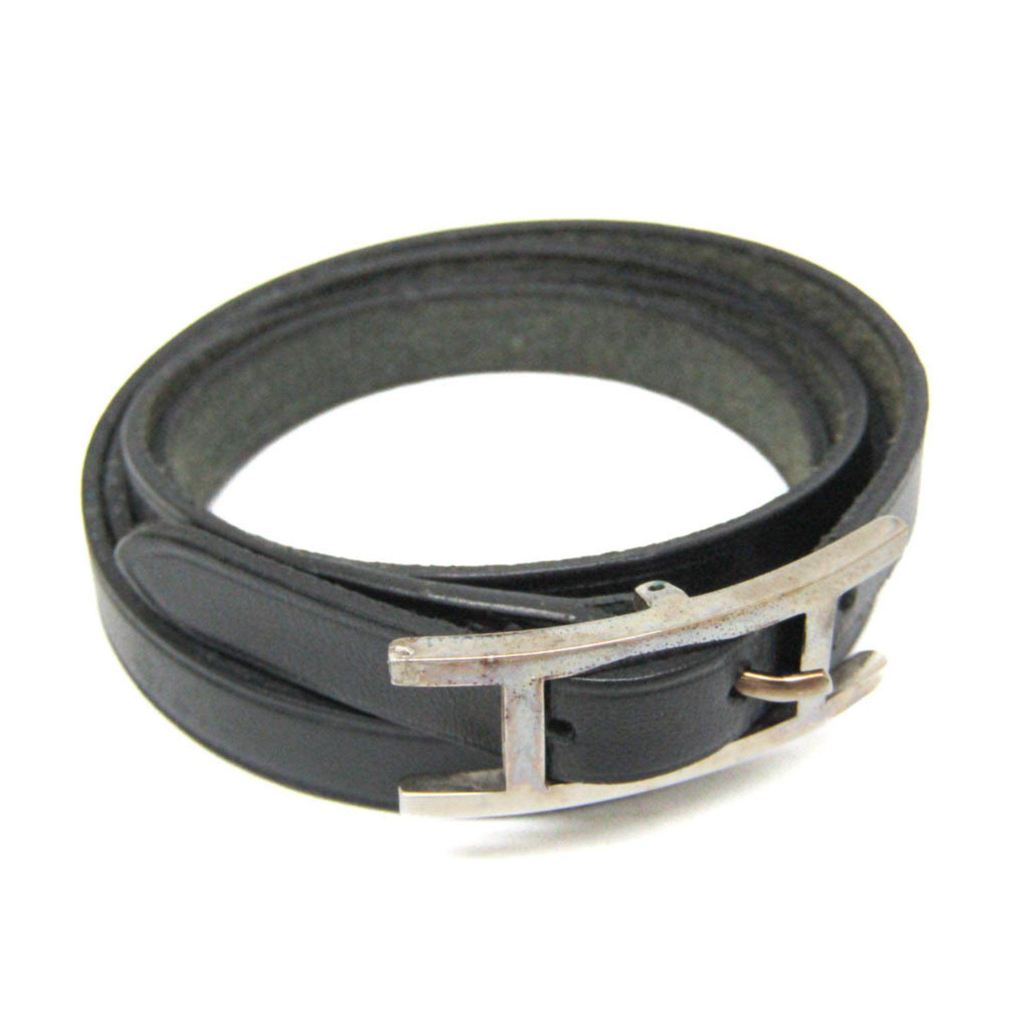 Hermes Hapi Triple Bracelet Choker LeatherMetal Bangle BlackSilver