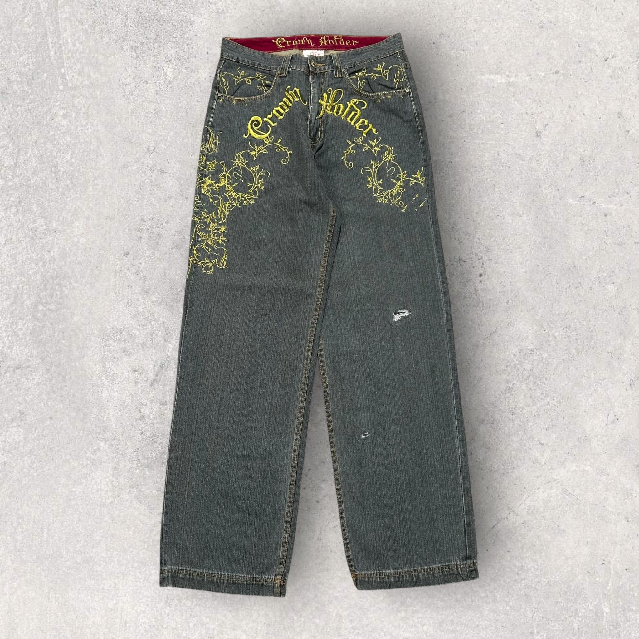 Japanese Brand × Vintage Vintage CROWN HOLDER Bagg Embroidery Jeans 33 Size US 33 - 1 Thumbnail