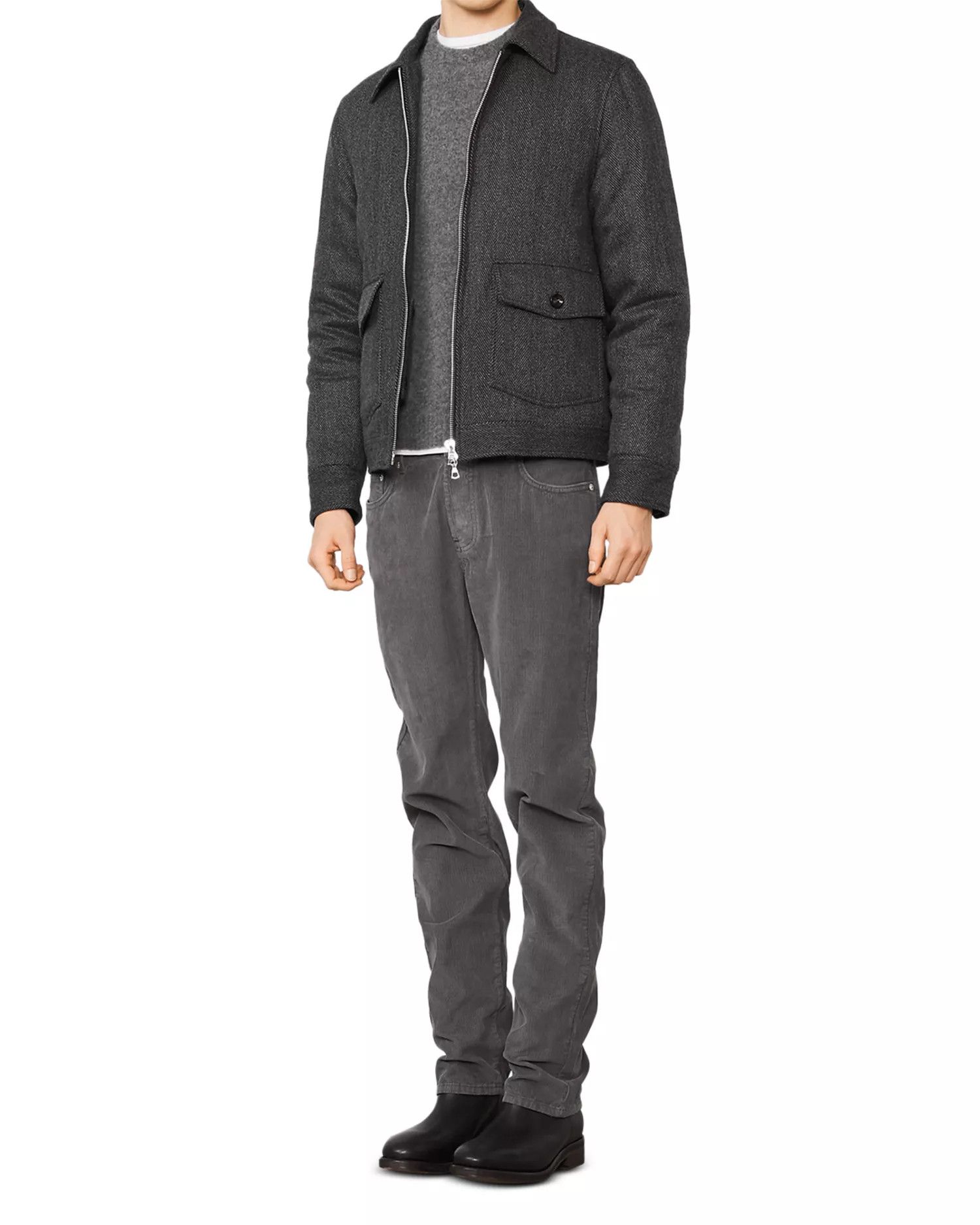 Officine Generale o1mle1025 Submarine Zip Herringbone Wool Coat in Black Gray Size US L / EU 52-54 / 3 - 3 Thumbnail