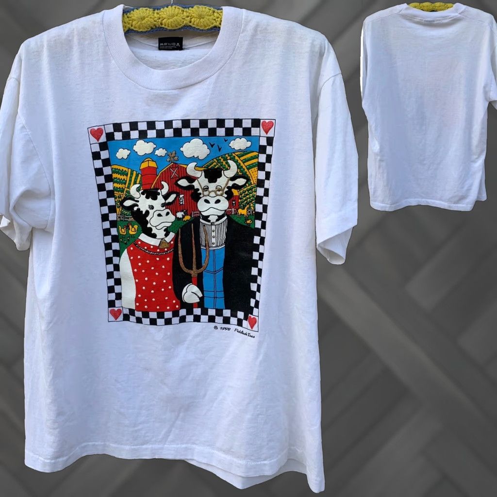 Vintage VINTAGE Screen Stars Graphic Tee T-Shirt Unisex XL White 1990s Cow Farmer Wife Pitchfork 1992 Single Stitch Size US XL / EU 56 / 4 - 1 Thumbnail