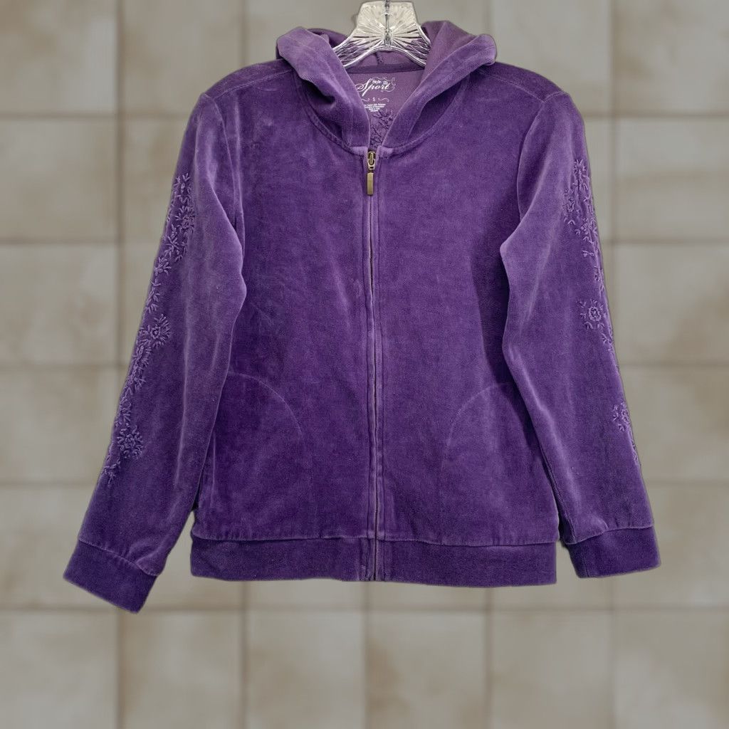 Vintage Style&co. Women's Purple Floral Hoodie Petite Small Full Zip Lightweight Casual 90s Outdoor Size S / US 4 / IT 40 - 1 Thumbnail