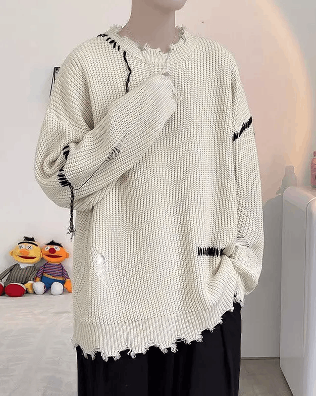 Japanese Brand × Vintage Korean fashion beige distressed knit sweater knitwear Size US L / EU 52-54 / 3 - 2 Thumbnail