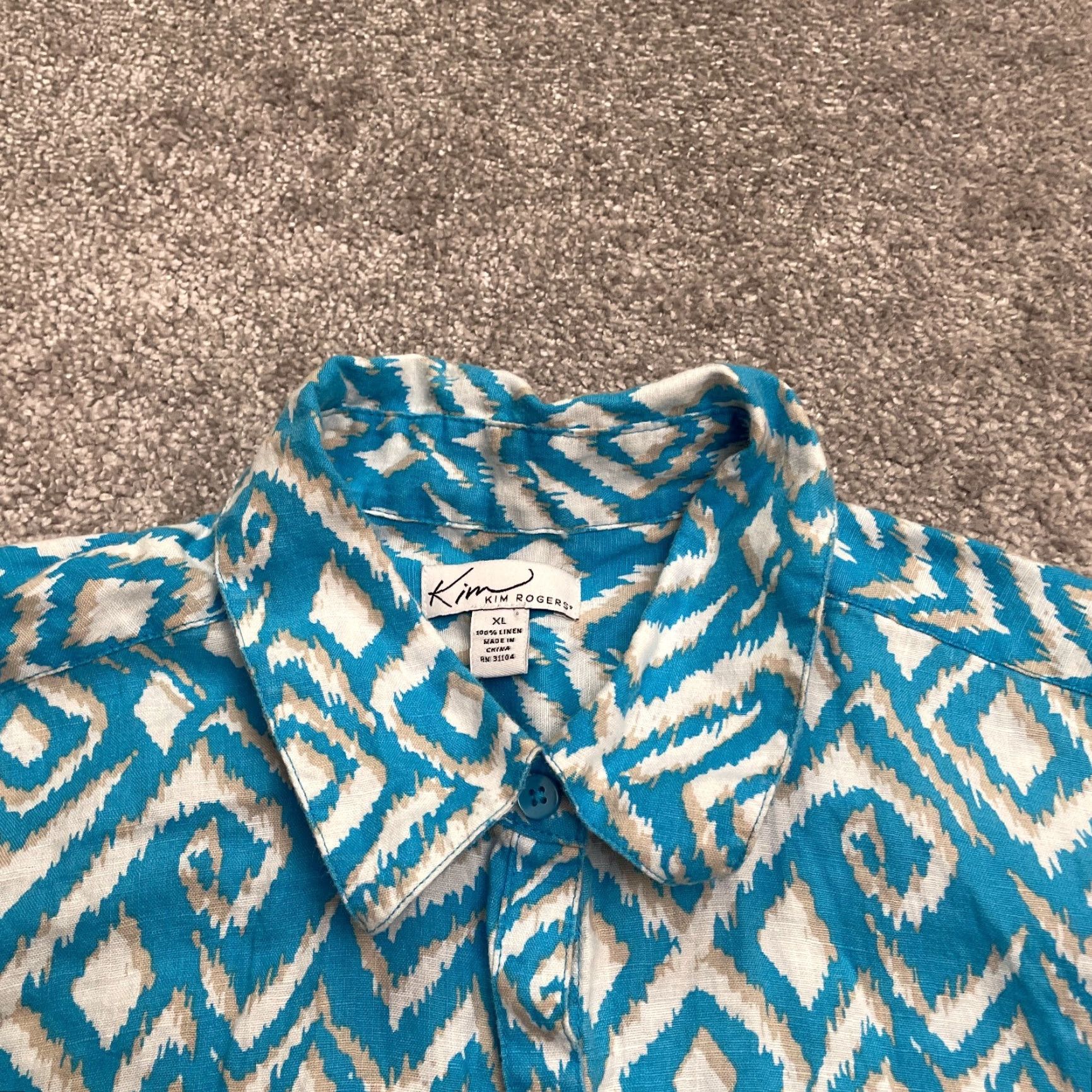 Vintage Kim Rogers Linen Button Down Shirt Womens XL Blue Geometric Aztec Short Sleeve Size XL / US 12-14 / IT 48-50 - 4 Thumbnail