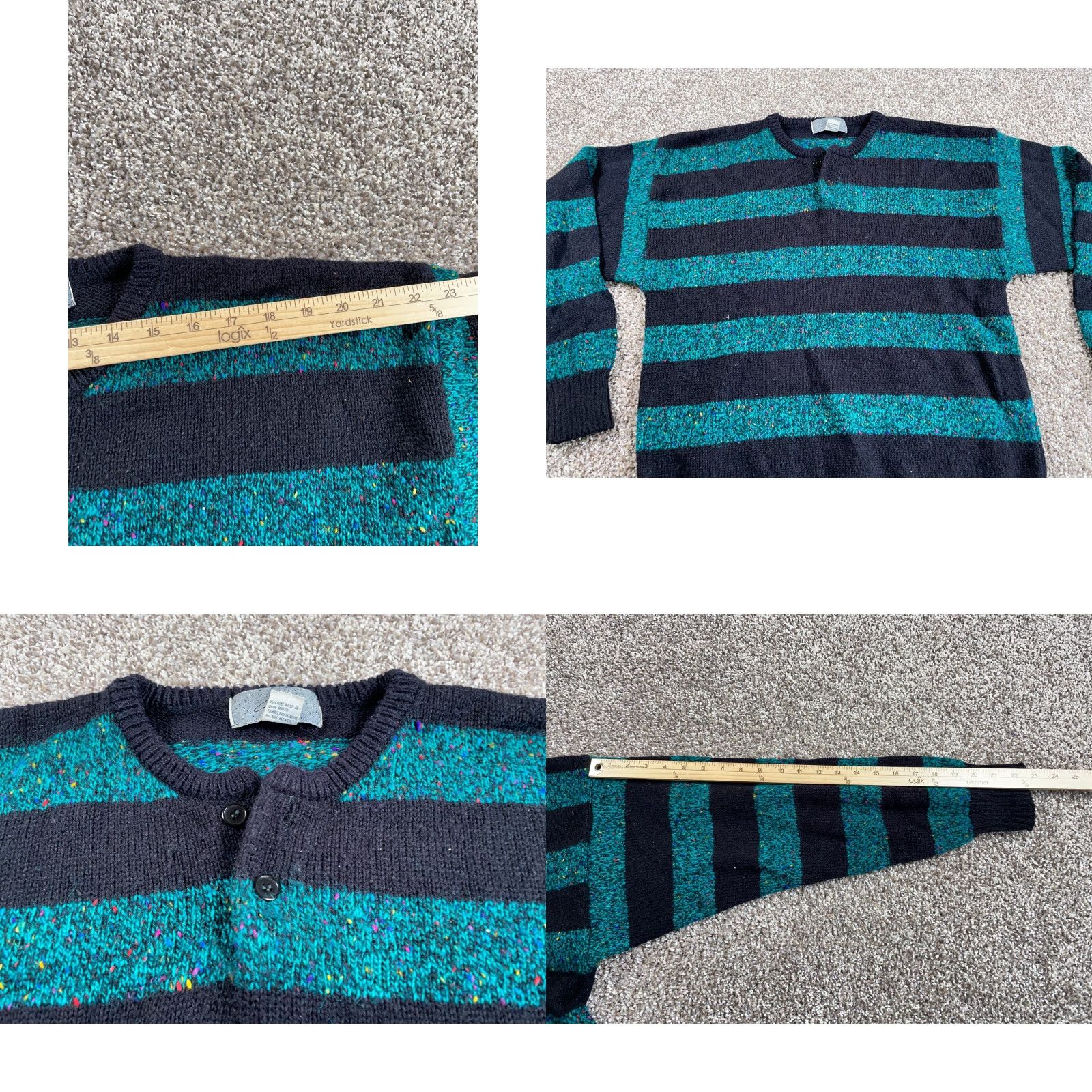 Vintage VINTAGE Chris Sport Wool Blend Chunky-Knit Henley Sweater Adult Large Green Black Striped 90s Mens Size US L / EU 52-54 / 3 - 8 Thumbnail