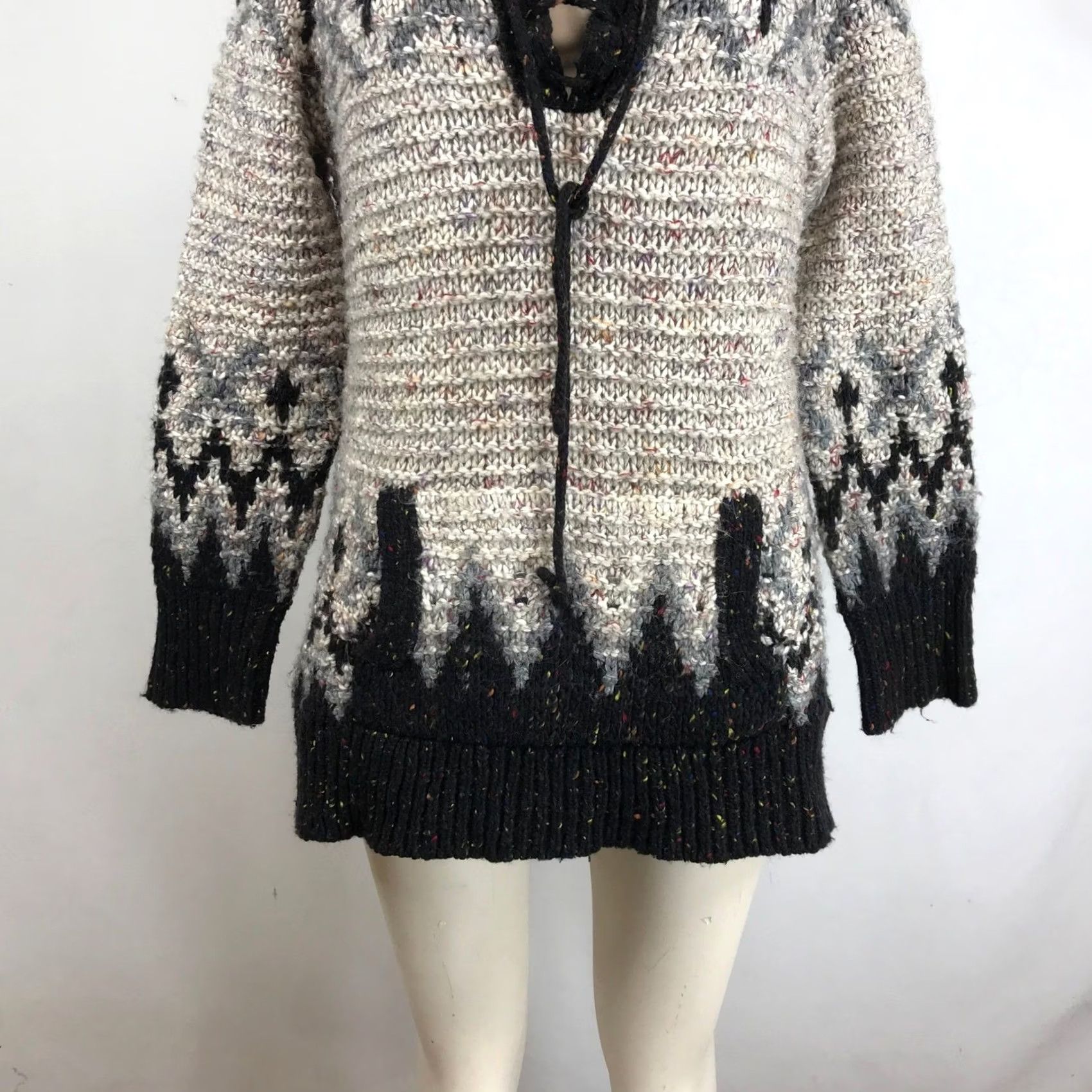 Free People Free People Fair Isle Lace-Up Chunky Knit Sweater Womens M Black Grey Cream Multicolor Casual Winter Sweater Size M / US 6-8 / IT 42-44 - 3 Thumbnail