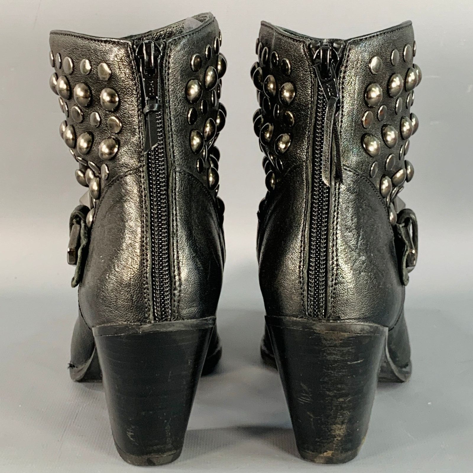 Stuart Weitzman 7 Black Leather Studded Zip Belted Ankle Booties Size US 7 / IT 37 - 3 Thumbnail