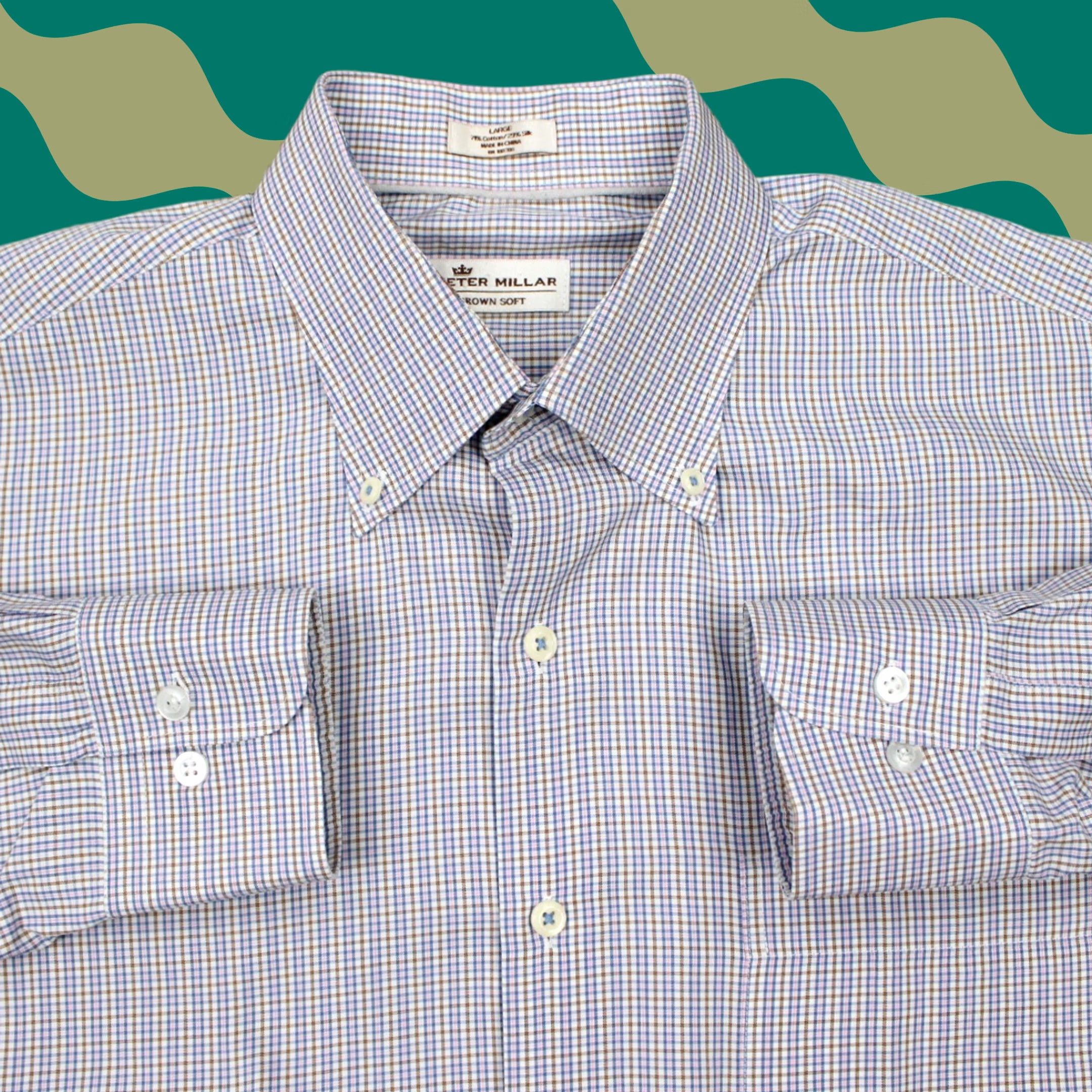 Peter Millar Peter Millar Crown Soft Shirt Adult Large Check Blue/Pink/Tan Cotton/Silk Blend L/S Button-Up Mens Regular Subtle Colorful Pattern Size US L / EU 52-54 / 3 - 1 Thumbnail