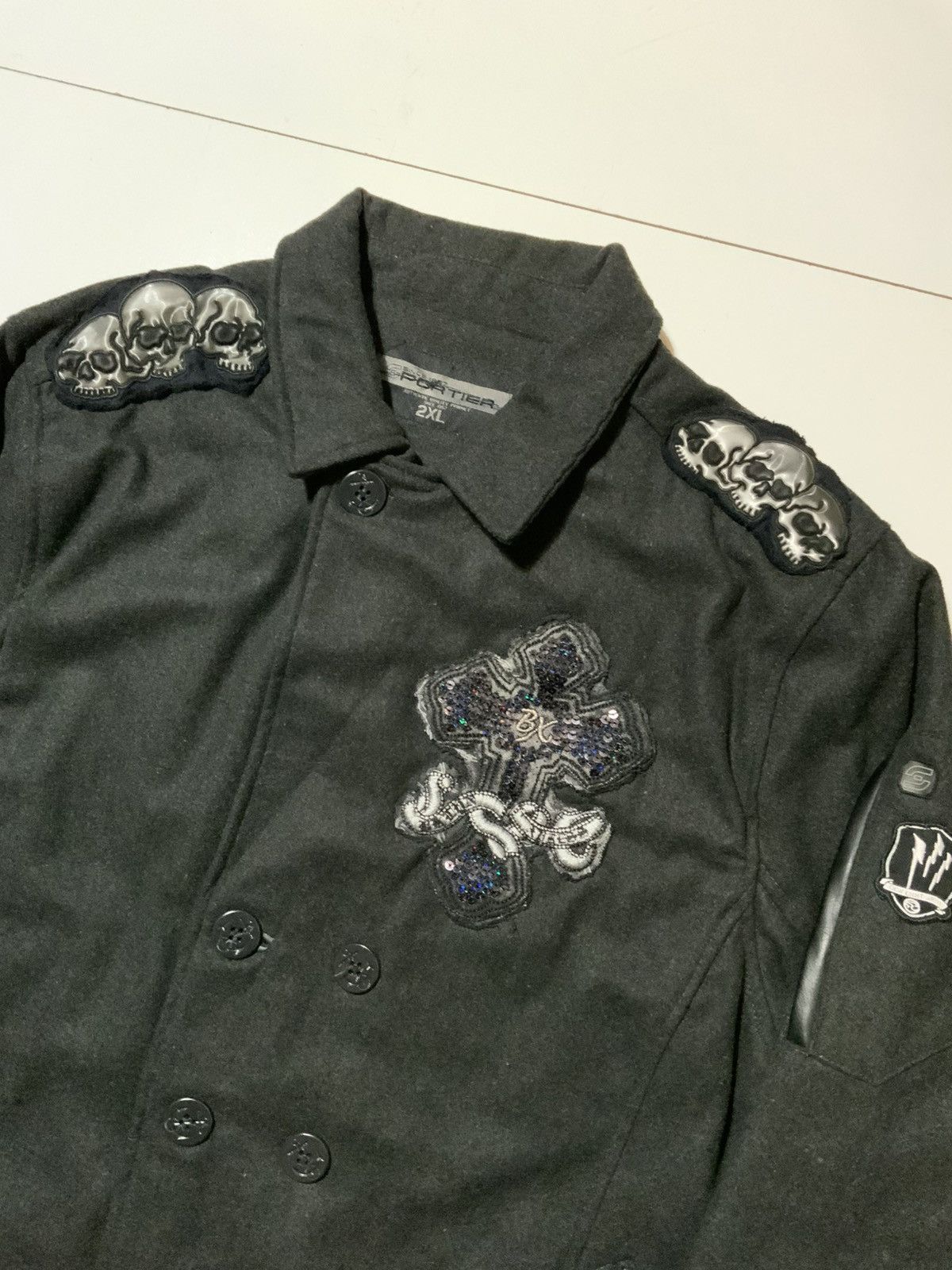 Vintage Y2K 2000s Brooklyn Xpress Skull Cross Cyber Grunge Pea Coat Size US XXL / EU 58 / 5 - 3 Thumbnail