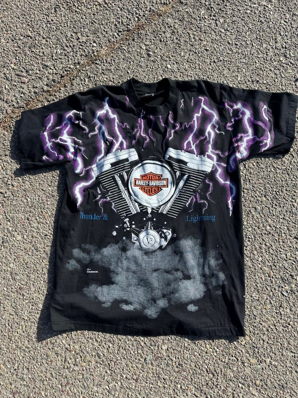 VTG 90s Harley Davidson Thunder & Lightning All Over Print T-Shirt top Sz M