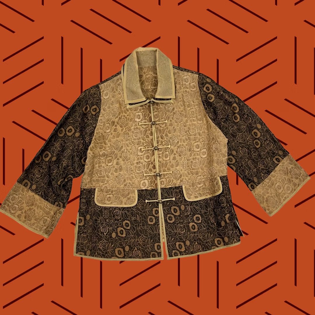 Vintage Earthen Silk Womens Blouse M Brown Tan Silk Pockets Buttons Mandarin Size M / US 6-8 / IT 42-44 - 1 Thumbnail
