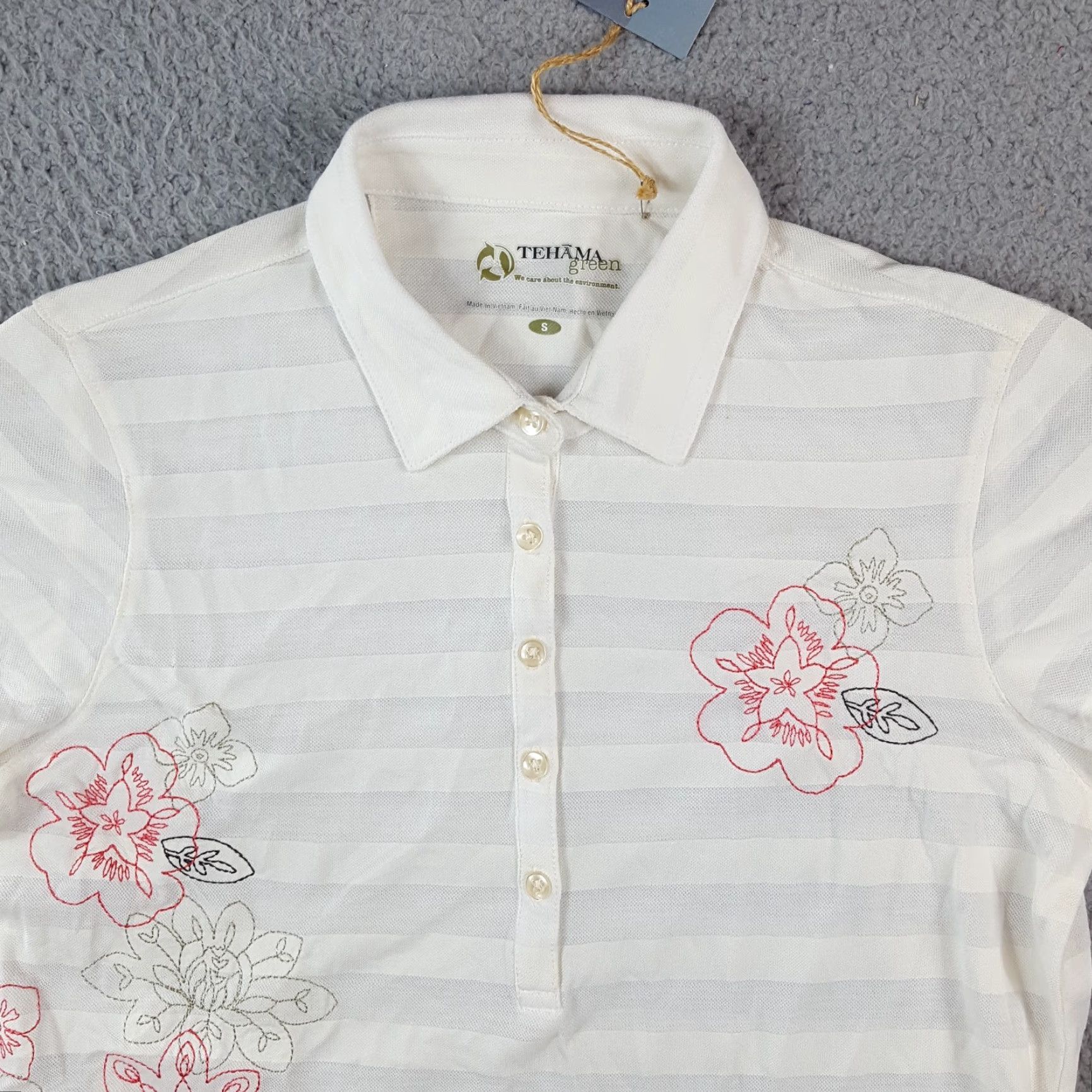 Vintage Tehama Polo Shirt Women S Striped Embroidered Flowers White Breathable Collared Short Sleeve Gym Golf 90s Preppy Athleisure Polo 00s Y2K Women Size S / US 4 / IT 40 - 2 Thumbnail
