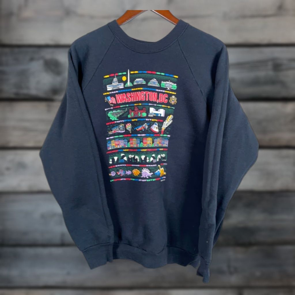 Fruit Of The Loom VINTAGE Washington DC Sweatshirt Adult XL Black Raglan Sleeves 50/50 Cotton Polyester Crew Neck Pullover 90s City Retro Fruit of the Loom Mens Size US L / EU 52-54 / 3 - 1 Thumbnail