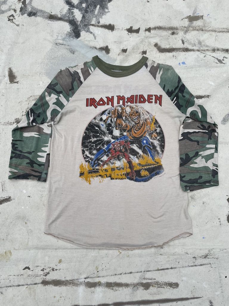Vintage Rare Vintage Iron Maiden Camo Raglan Sleeve T- Shirt- 1982 Size US M / EU 48-50 / 2 - 1 Thumbnail