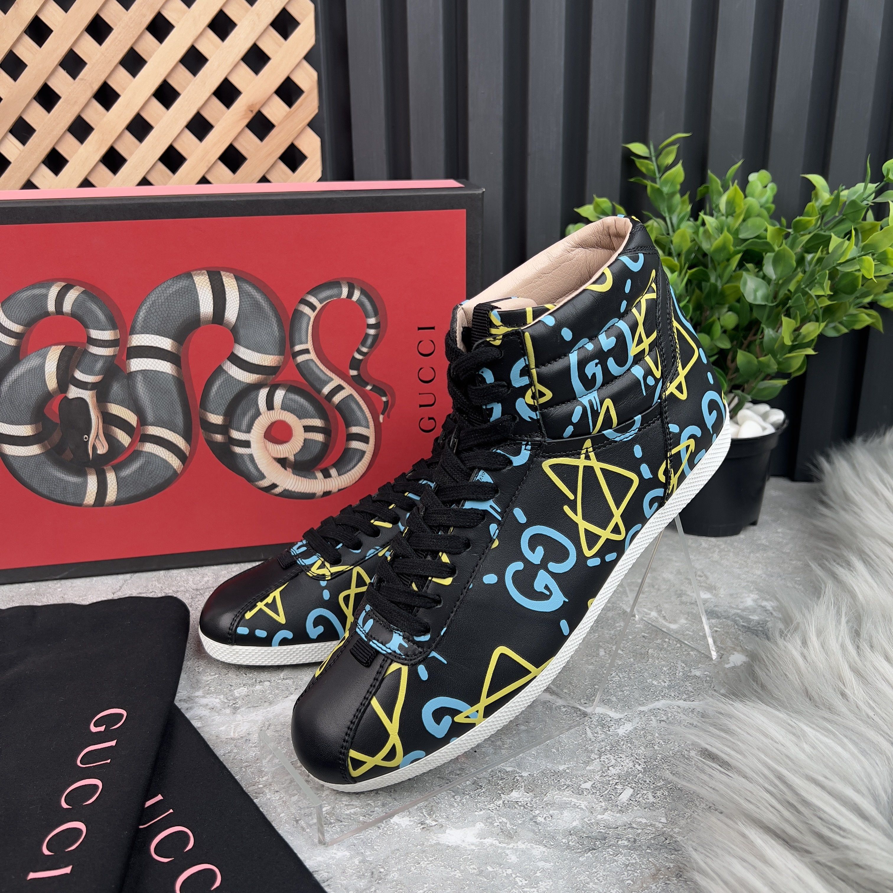 Gucci Apollo Graffiti Ghost Stars High Top Sneakers Black Logo Size US 7.5 / IT 37.5 - 1 Thumbnail