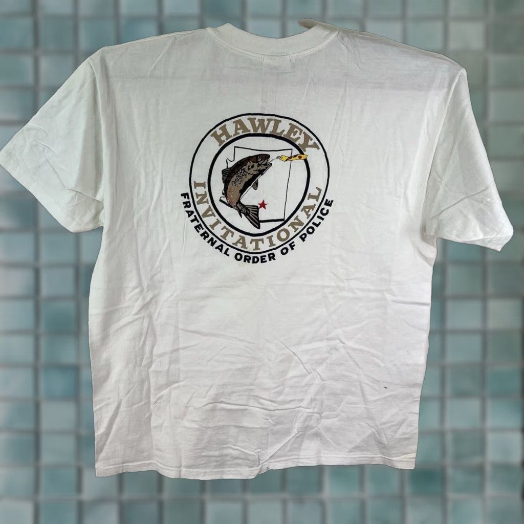 Vintage VINTAGE 1998 Police Hawley Fishing Tournament T-Shirt Mens XL White Graphic Print Crew Neck Short Sleeve Limited Edition Size US XL / EU 56 / 4 - 1 Thumbnail
