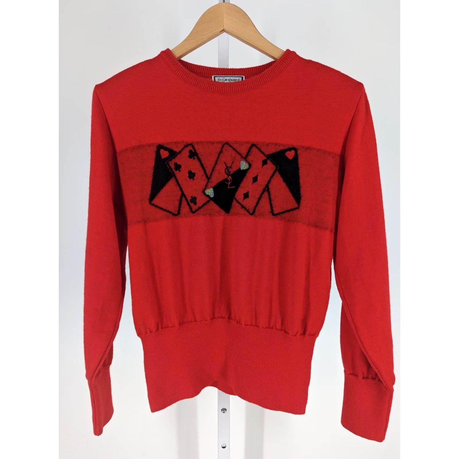 Yves Saint Laurent VINTAGE Yves Saint Laurent Tricots Poker Cards Logo Red Sweater Rive Gauche Womens M Pullover Long Sleeve 90s Size M / US 6-8 / IT 42-44 - 2 Thumbnail