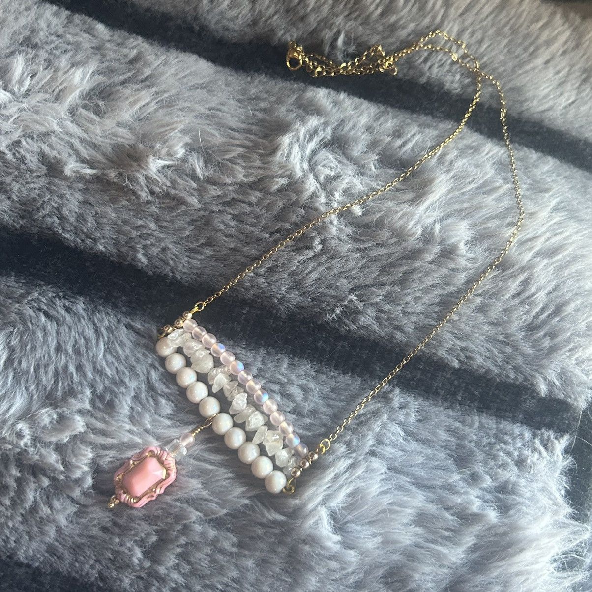 Handmade Handcrafted triple row bar stone rose quartz necklace Size ONE SIZE - 6 Thumbnail