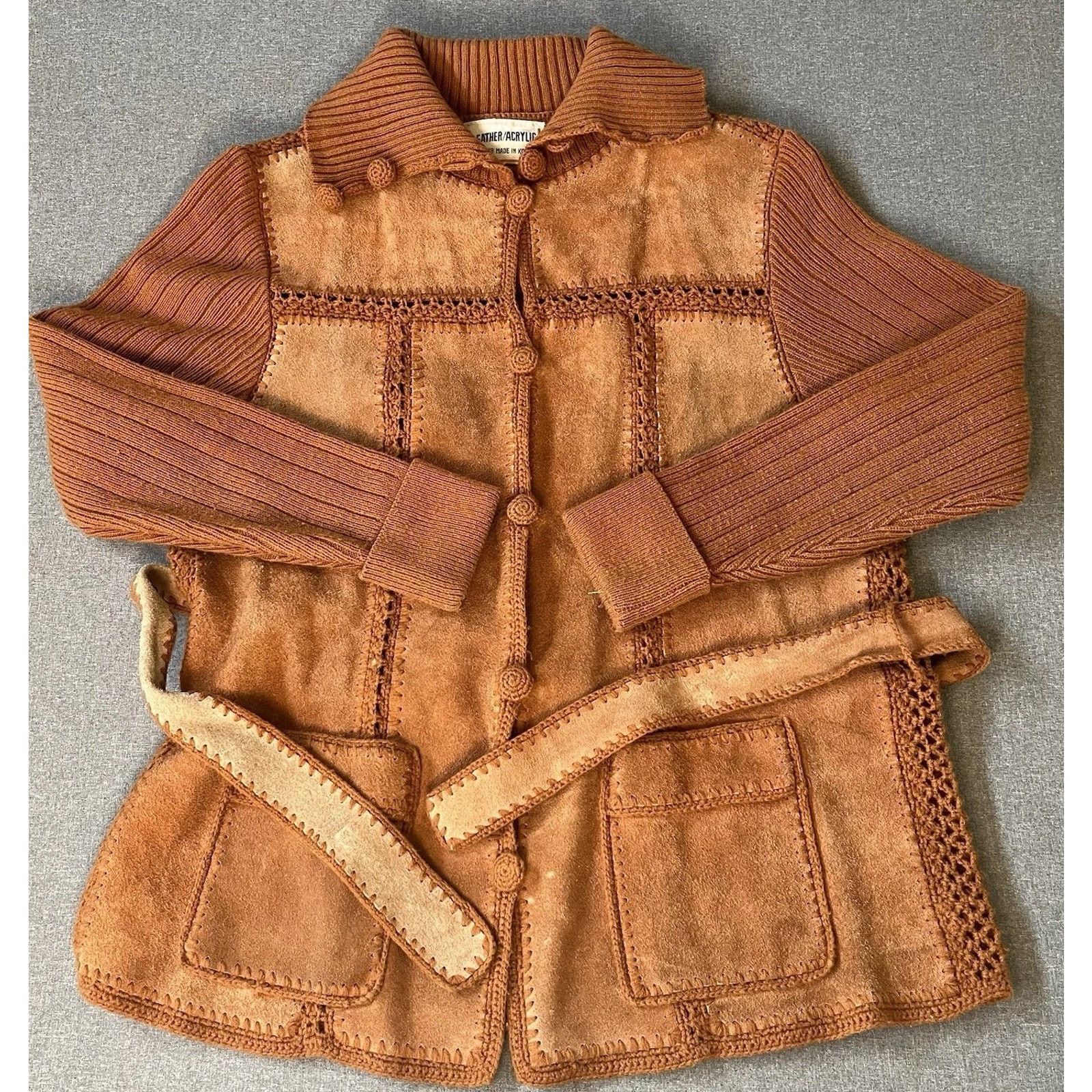 Other VINTAGE Large Cow Hide Leather Button Sweater Hippie Western Size L / US 10 / IT 46 - 1 Thumbnail