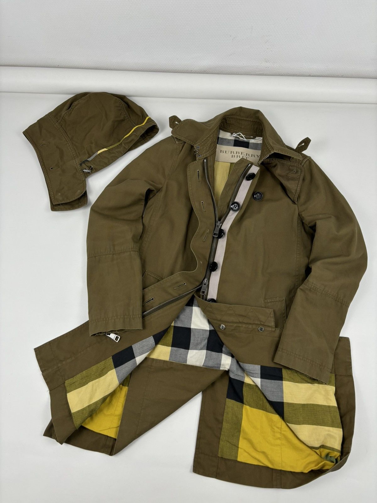 Burberry × Burberry Prorsum × Designer BRIT Nova Check Khaki Coat Hooded Trench Zip Jacket Bomber USA 4 UK 6 Size S / US 4 / IT 40 - 2 Thumbnail